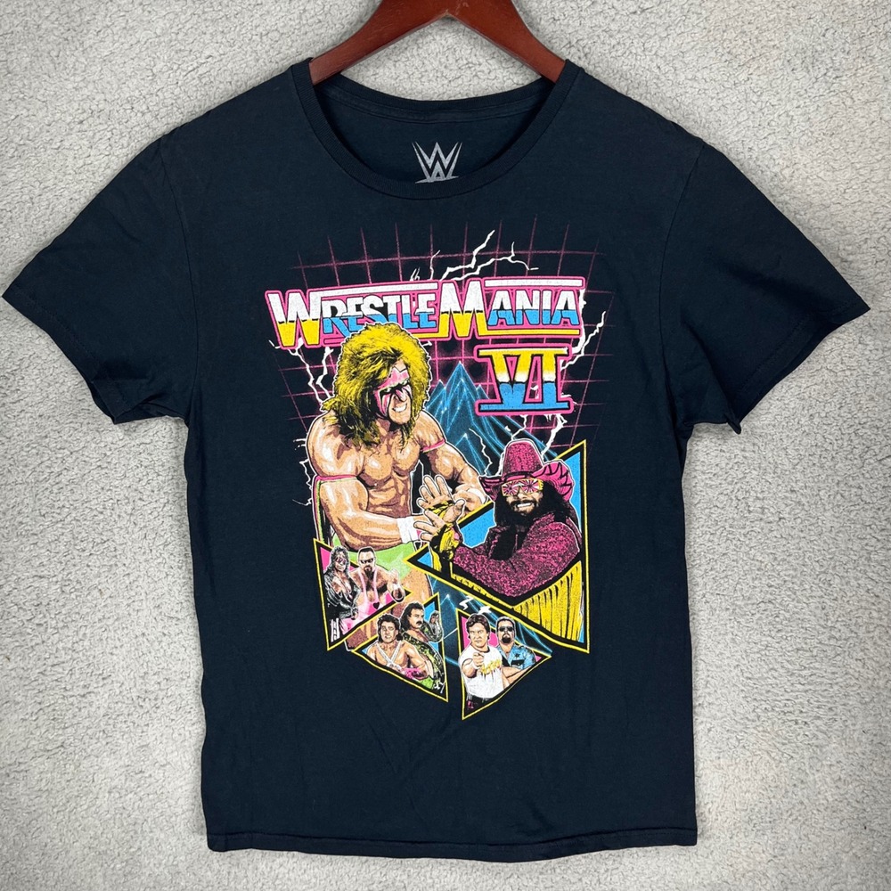 WWE Wrestlemania VI T-Shirt Mens Medium Black Ultimate Warrior Macho Man Retro